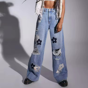 Jeans personnalisés pour femmes à jambes larges, mode taille basse, patchwork, jeans déchirés pour petit ami, vente en gros de pantalons baggy décontractés pour femmes - Product Image 1