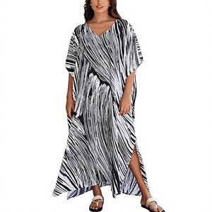 V Neck Maxi Abaya <b>Dress</b> Short Sleeve <b>Loose</b> Fit Asymmetrical Hem Random Print Women's Summer Beach Wear Polyester Modest Style - Product Image 1