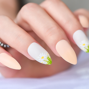 Faux ongles à presser, motif fleurs, forme amande moyenne, en acrylique mat, couleur <span class=keywords><strong>blanc</strong></span> nude pour femmes, lot de 24 pièces, collection automne - Product Image 1