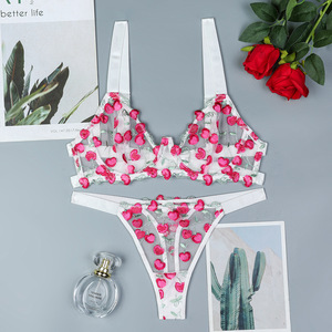 High-Quality Lingerie Cherry Embroidered Three-Dimensional Jacquard Gathered Women Underwear <b>Sexy</b> Two-Piece Bikini <b>Set</b> - Product Image 6