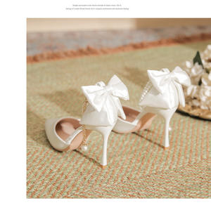 Sandales de mariée blanches tendance pour femmes, nœud papillon, talons hauts, bout pointu, talons aiguilles, brides à la cheville, escarpins de mariage, chaussures de soirée - Product Image 3