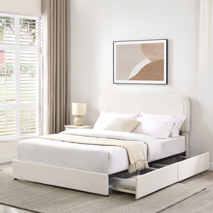 Modern Queen Size Ivory Boucle Upholstery Platform <b>Bed</b> 4-Drawer Storage Curved Stitched Tufted Headboard Wood Frame Adjustable - Product Image 4