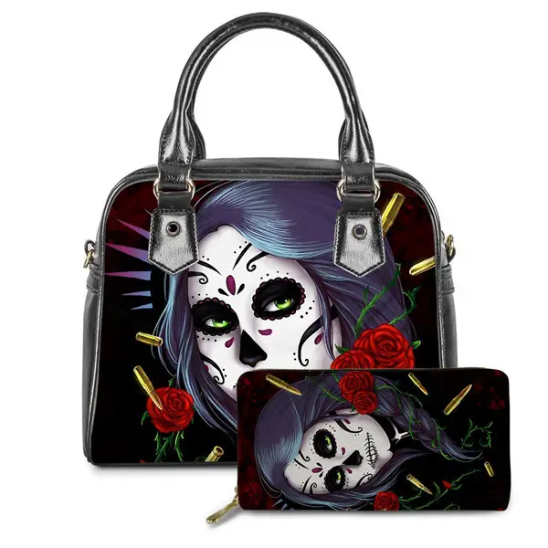 Mexican Sugar Skull Graphic Print Pu Leather Handbags Ladies Fashion Crossbody Bags Luxury Satchel Purse with Matching Wallets