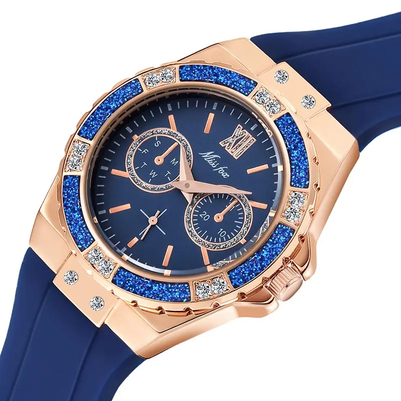 Miss Fox Women Watches Luxury Fashion 2593 Diamond Rose Gold Chronograph Pink Rubber Band Ladies Watches Quartz Wristwatches
