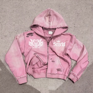 Sweat à capuche court en molleton épais français, imprimé personnalisé avec strass, zippé, 100 % coton, délavé à l'acide, effet vieilli pour homme - Product Image 1