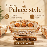 Ensemble de canapés de salon classiques européens de luxe avec détails en bois sculpté, couleurs personnalisables, revêtement pour la décoration de villa