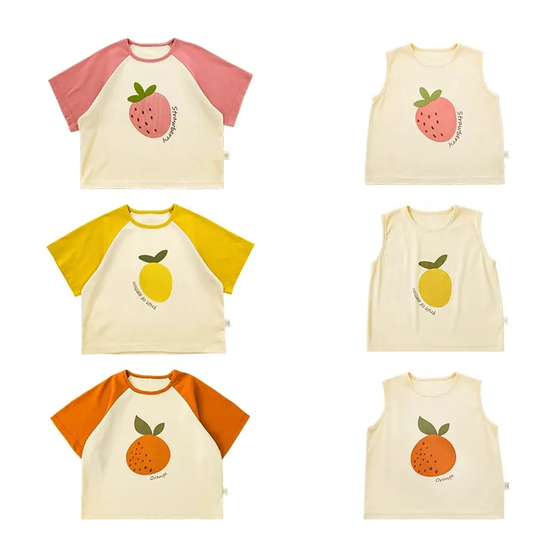 Camiseta de algodão macio para meninas, venda a atacado de 2022 camisetas de roupas de verão para bebês e meninas, camisetas estampadas com frutas