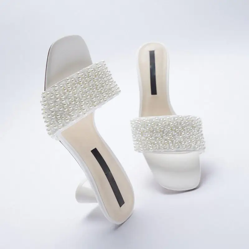 Spring and summer new women's shoes one word with white faux pearls chunky heel square toe half drag casual sandals