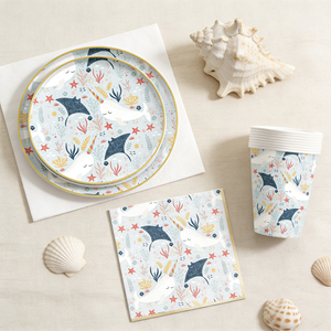 ชุดอุปกรณ์จัดงานวันเกิดเด็ก DAMAI ลายปลาวาฬ สีฟ้า รูปทรงกลม ภาชนะใช้แล้วทิ้ง กระดาษเช็ดปาก แก้ว จาน - Product Image 3