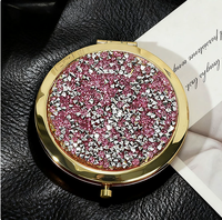 Miroir de poche compact double face rond à paillettes effet poussière de diamant, pliable en métal, portable pour femme