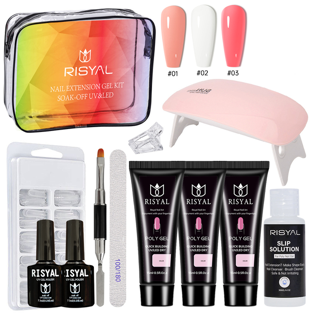 11PCS/Set Poly Extension Gel Set Nail Art Polygels Kit Nail UV Gel Tip Form Nail Gel Slice Brush Kit with UV/LED Lamp