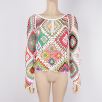 Haut de plage en crochet fait main JR Custom, style vintage, color block, col rond, manches longues, respirant, ajouré, avec cordon de serrage