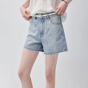 VEGA CHANG <span class=keywords><strong>Short</strong></span> en <span class=keywords><strong>jean</strong></span> décontracté à jambe large, taille haute, coupe droite, bleu clair à effet éclaboussures, avec poches symétriques pratiques - Product Image 1