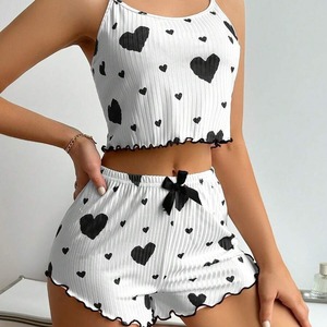 Conjunto de Loungewear Feminino em 30 Cores, Tamanhos S-2XL, Estampa de Coração, Camisola Confortável e Shorts, Conjunto de Pijama Casual para Uso ao Ar Livre - Product Image 2