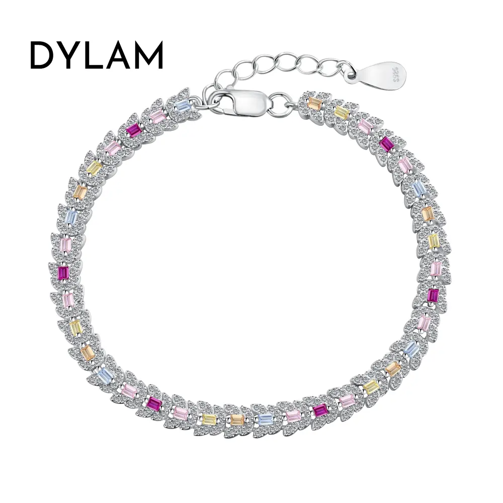 Dylam all'ingrosso nuova pietra rosa bracciale Tennis catena Cz Eternity Band arcobaleno Cubic Zirconia 925 argento bracciali donne