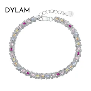 Dylam Factory Wholesale New Pink Stone Tennis Bracelet Chain Cz Eternity Band Rainbow Cubic Zirconia 925 Silver Bracelets Women