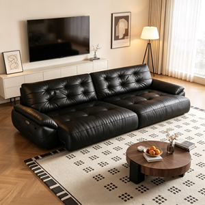 Sofá Seccional Moderno de Cuero Genuino Negro con Respaldo Acolchado y Función Reclinable para Sala de Estar - Product Image 1