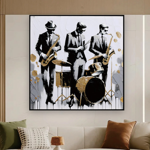 Pintura al Óleo Moderna de Banda de Jazz sobre Lienzo con Detalles en Dorado para Ramadán y Bodas, Arte Pop con Marco de Madera, Pintura Decorativa de Pared - Product Image 1