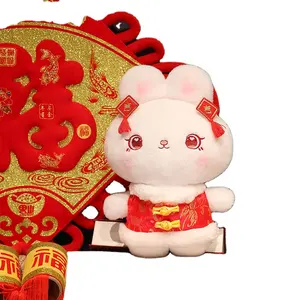 Atacado personalizado 30 cm coelho de mascote de ano novo chinês brinquedos de pelúcia bonito vestido tradicional coelho vermelho bonecos macios adorável presente da sorte