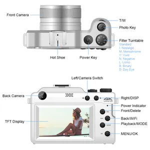 กล้องพกพากันสั่น Vlog TFT 3.0นิ้ว,กล้องวิดีโอ4K ซูม LCD กล้องดิจิตอล SLR กล้อง DSLR พร้อมหน้าจอ Ultra HD