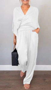 Dernier Cri Tendance Chic Ensemble Deux Pièces pour <span class=keywords><strong>Femme</strong></span> Col V Blouse et <span class=keywords><strong>Pantalon</strong></span> <span class=keywords><strong>Large</strong></span> en <span class=keywords><strong>Satin</strong></span> Couleur Unie - Product Image 6