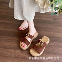 Chaussures plates d'été 2025 pour femmes en daim souple à bout rond, style vintage, avec semelle extérieure en mousse de caoutchouc, doublure en microfibre et boucle de ceinture