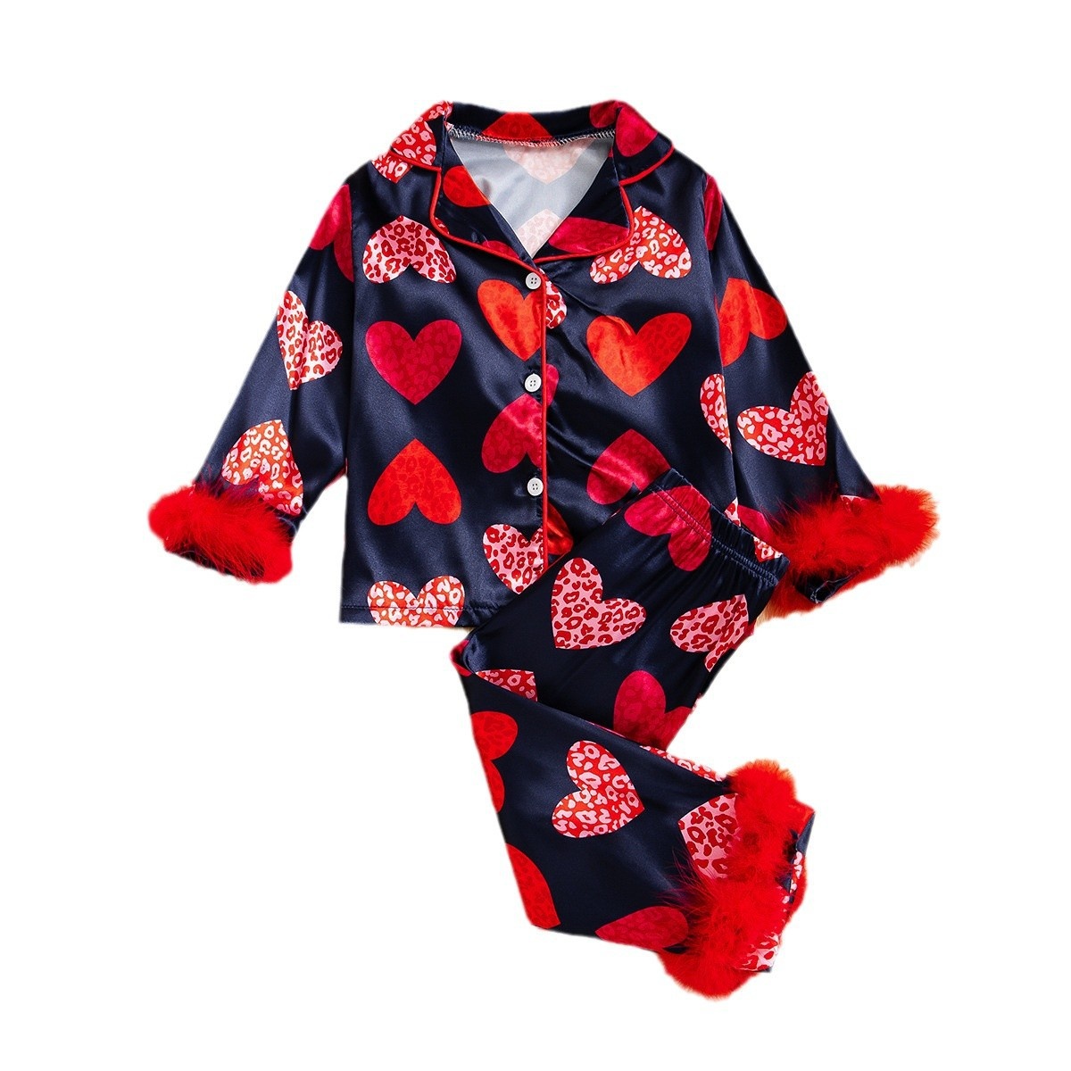 Girls' Spring and Autumn Casual Pajama Set New Valentine's Day Sweet Heart Print Versatile Worested Fabric