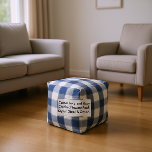 Pouf Quadrato a Quadretti Connor in Avorio e Blu Navy, Sgabello Ottoman per Arredamento Soggiorno - Product Image 2