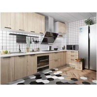 Cuisine modulaire en contreplaqué traditionnelle personnalisée, grand îlot, meubles noirs avec portes en verre, résine de marbre