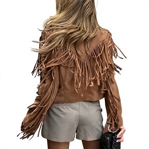 Brown <b>Suede</b> Leather <b>Jacket</b> with Tassel Fringe Turn-down Collar Casual Autumn Slim Fit Short Length Breathable <b>Men</b> - Product Image 2
