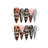 Faux ongles à presser faits main C714, forme amande, à coller, imprimé léopard rose gris métallisé, style européen pour femmes