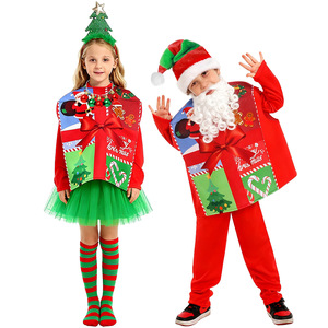 Costume pour enfants, garçons et filles, tenue de fête, boîte cadeau, cadeau amusant, Noël, fête de fin d'année, cosplay, imprimé Père Noël - Product Image 1