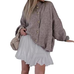 Classique 2025 mode européenne américaine couleur unie décontracté <span class=keywords><strong>Vintage</strong></span> à manches courtes Cardigan <span class=keywords><strong>pull</strong></span> en tricot - Product Image 5