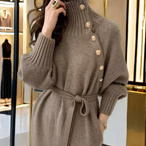 <span class=keywords><strong>Robe</strong></span> Longue <span class=keywords><strong>Pull</strong></span> Tricoté Décontracté d'Hiver pour Femme à Col Roulé et Logo Frontal - Product Image 3