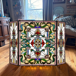 Écran de cheminée en vitrail, 3 panneaux, motif floral, décoration traditionnelle, couleur bleue, forme rectangulaire, décoration artistique, 110*70CM - Product Image 1