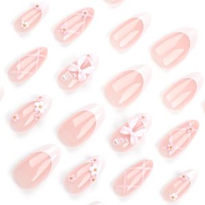 Uñas Francesas <span class=keywords><strong>Blancas</strong></span> con Lazo Rosa Dulce, Nuevo Diseño, 24 Piezas para Aplicación <span class=keywords><strong>en</strong></span> <span class=keywords><strong>Dedos</strong></span>, Gran Venta - Product Image 2