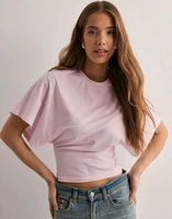 Camiseta Corta de Algodón con Manga Murciélago y Cintura Fruncida Personalizada, Ajuste Delgado, Ropa para Mujer