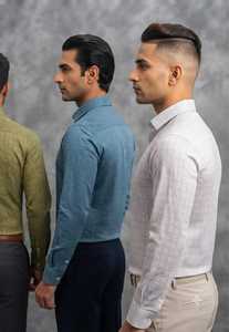 Chemises en twill de coton pour hommes avec un motif géométrique fin, en bleu olive et beige, manches longues, vêtements décontractés à la mode - Product Image 6