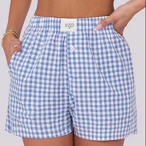 Pantaloncini caldi <span class=keywords><strong>da</strong></span> <span class=keywords><strong>donna</strong></span> 2025 estivi con motivo a quadretti Casual <span class=keywords><strong>Boxer</strong></span> Plaid <span class=keywords><strong>da</strong></span> salotto con elastico in vita tinta unita con pantaloni <span class=keywords><strong>da</strong></span> spiaggia - Product Image 1