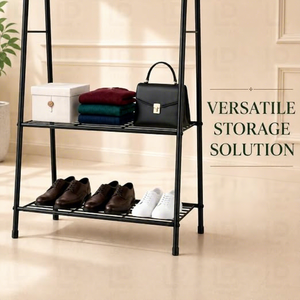 Minimalist Metal Clothing Rack With Three-Layer <b>Storage</b> <b>Shelf</b> For Living Room Standing Type Multifunctional Design - Product Image 3
