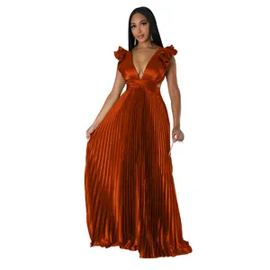 Modesto elegante acordeão cetim miyake plissado moda longo maxi dress mulheres sem encosto escravidão plissado vestido de noite para as mulheres