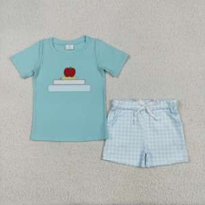ชุดเสื้อผ้าขาสั้นสำหรับเด็กชายวัยหัดเดินปักลายแอปเปิ้ลสีน้ำเงินเข้มสไตล์บูติคสำหรับฤดูร้อน - Product Image 2