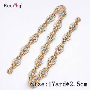 Yeux de cheval et perles rondes en forme de bande perles de verre ruban cristal strass Hot Fix Patch Applique avec chaîne en métal doré rose - Product Image 2