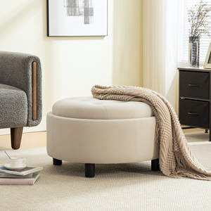 Modern Hotel Apartment 29.33" Upholstered Ottoman <b>with</b> Reversible Lid Fleece Fabric <b>Storage</b> <b>Stool</b> Hand-pulled Buckle Decoration - Product Image 2