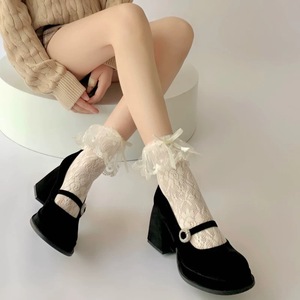 Lace <b>Socks</b> Women Mid Calf Milky White Cotton Breathable Anti Slip Fairy White <b>Black</b> Solid Color Youth 18 40 Years Old - Product Image 3