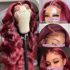 Wear Go Glueless Brazilian Remy Burgundy <b>Afro</b> Curly Long 13x4 for Lace Front <b>Wig</b> Pre Plucked High Density Human Hair Beginners - Product Image 5