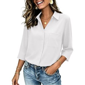 Camisa de Mujer con Botones, Manga 3/4, Cuello en V, con Bolsillo, Tela Popelina Ligera y Suave, Blusa Informal para el Trabajo - Product Image 1