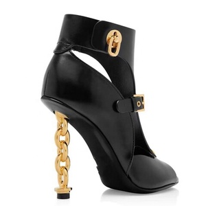 Brand New Metal Chain Heels Women Peep Toe Sandals Gold Slim High-heeled Summer Short Ankle Boots Stiletto Cut Out <b>Shoes</b> - Product Image 3