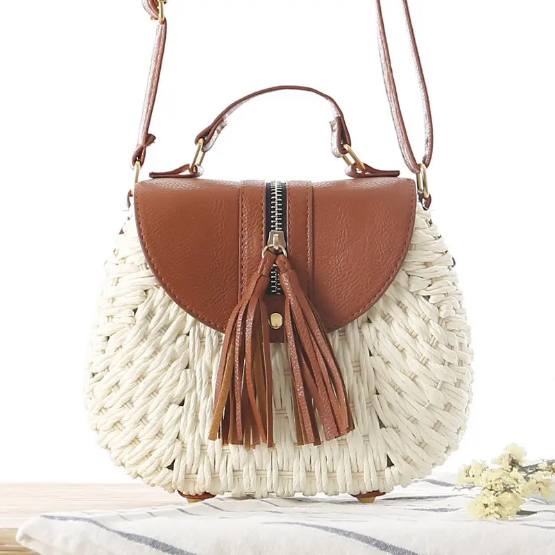 Low price Vintage tassel macrame bag boho beach braided bag small fresh women's crossbody rattan straw braided tote bag