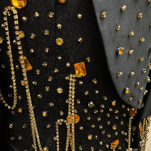 ハンドメイド ラインストーン ビーズ メンズ スリーピース スーツ ラグジュアリー ウェディング 新郎用 スリムフィット シングルブレスト タキシード ジャケット ベスト パンツ セット - Product Image 2